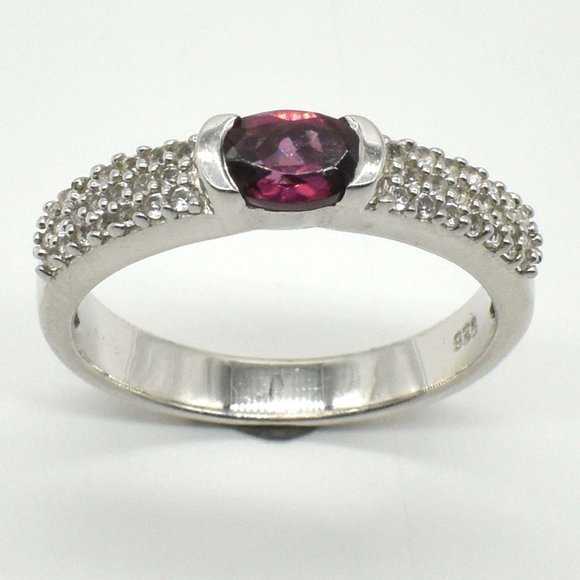 Jewelry - 925 Sterling Silver Garnet and Cubic Zirconium Ring, Size 7